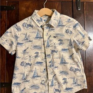 Vineyard Vines Cream Short-Sleeve Button-Down with Blue Nautical Sketches